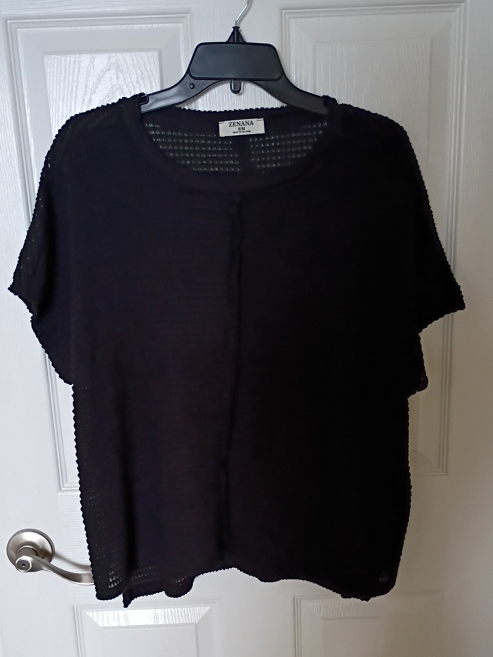 Zenana Outfitters Black Short Sleeve Open Knit Crewneck Top, S/M & L/XL